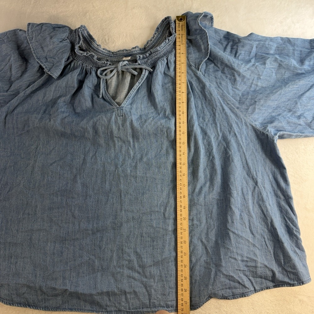 Old Navy Plus 4X Poet Blouse‎ Puff Sleeve Non Stretch Jean Ruffle Trimmed Boho - Picture 11 of 13